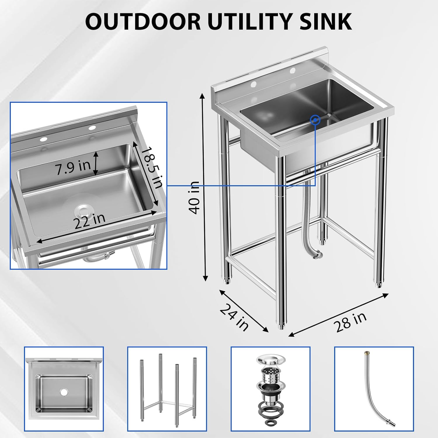 Garvee Utility Sink,24"D x 28"W x 40"H Independent Sink Without Faucet,Adjustable Support Feet,Stainless Steel Sink with Hot & Cold Hoses,Stainless Steel Sink Suitable For Kitchen And Restaurant Use