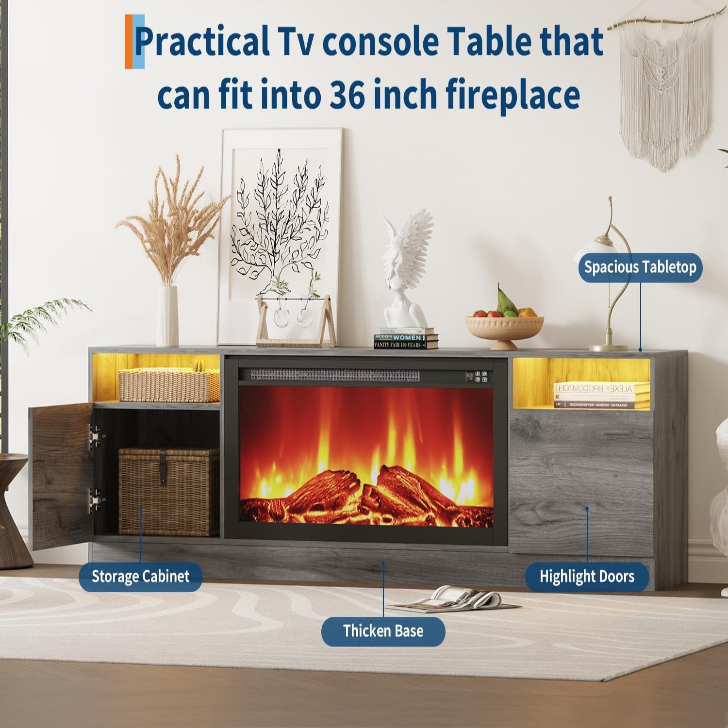 Garvee Modern TV Stand for TV Up to 75" TV, 70" Grey Television Console Table Cabinets with Storage,Wooden Entertainment Center for Living Room, Fits Into 36'' Electric Fireplace(Not Included Fireplace)