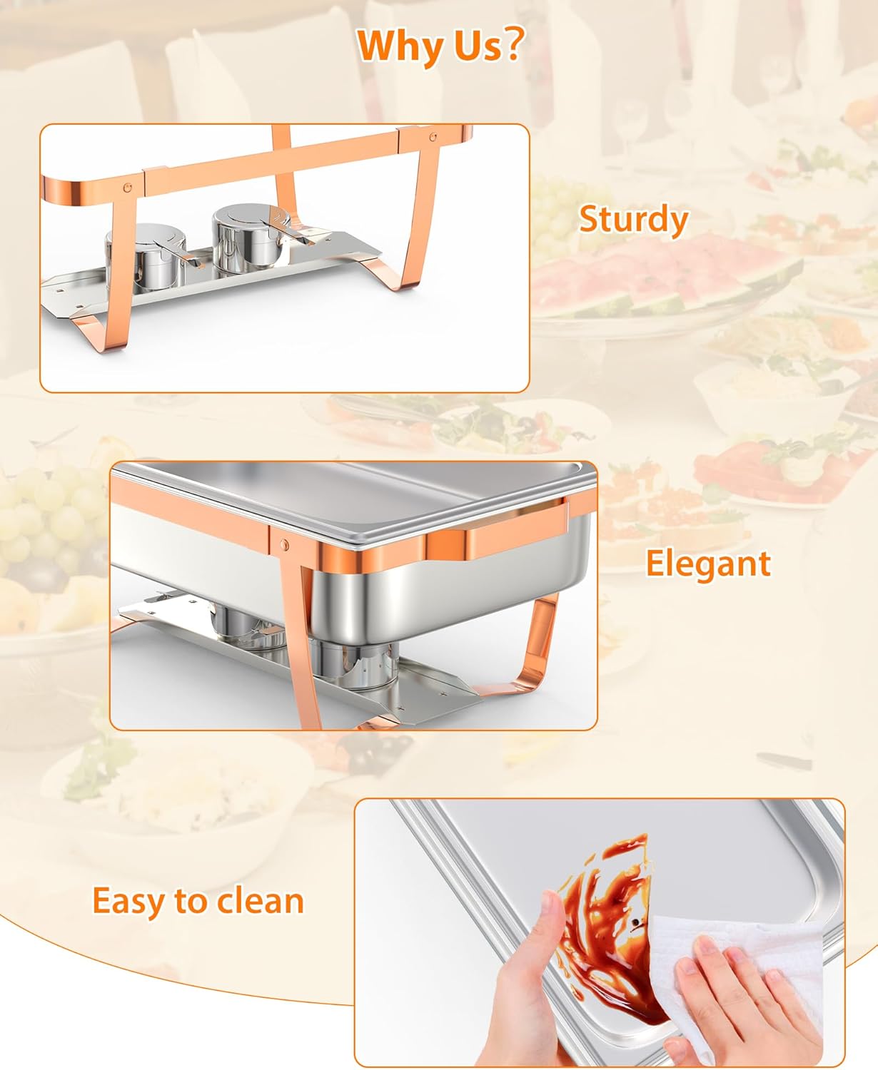 Garvee Chafing Dish Buffet Set, 8QT 4 Pack, Rectangle Chafing Dishes for Buffet w/Lid Holder, Stainless Steel Chafer Food Warmers Servers with Spoon and Tweezers for Kitchen Party Banquet Dining, Rose Gold