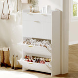 Garvee Narrow Shoe Storage Cabinet with 3 Flip Drawers, Farmhouse Fluted Shoe Organizer, Freestanding Wooden Shoe Rack Cabinet Hidden for Entryway, Hallway, White