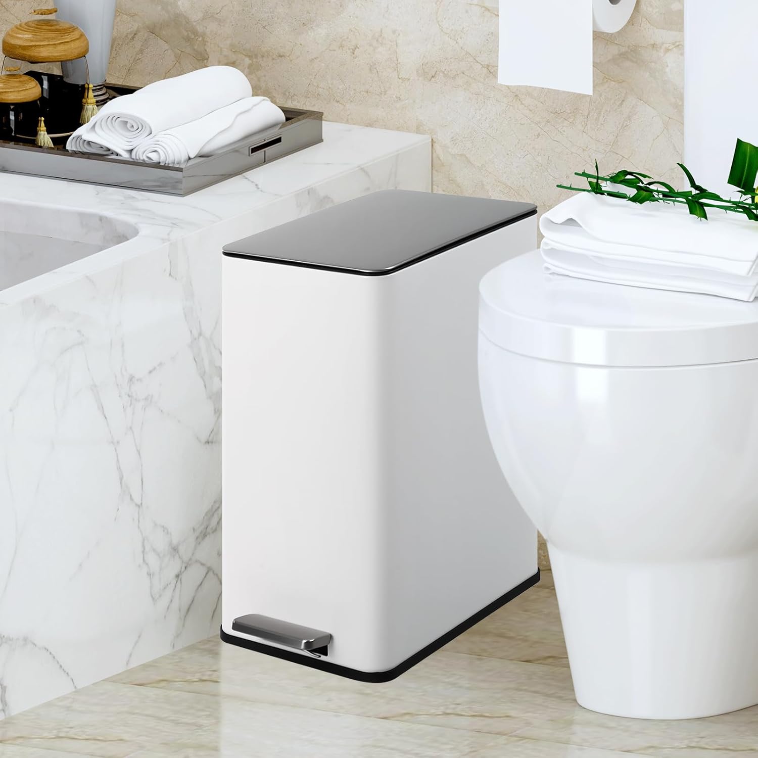 Garvee 4 Gallon Stainless Steel Step Trash Can with Removable Inner Bucket and Soft-Close Lid for Bathroom Living Room and Office, White