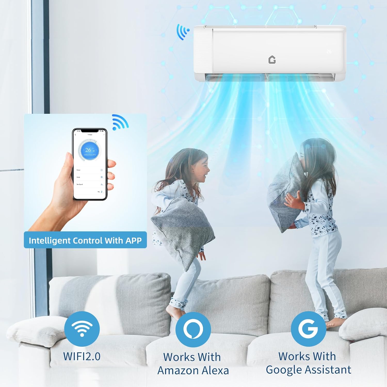 Garvee 12000 BTU 18.5 SEER 2 230V~ Mini Split AC/Heating System With WiFi, , Suitable for 750+ Sq. Ft