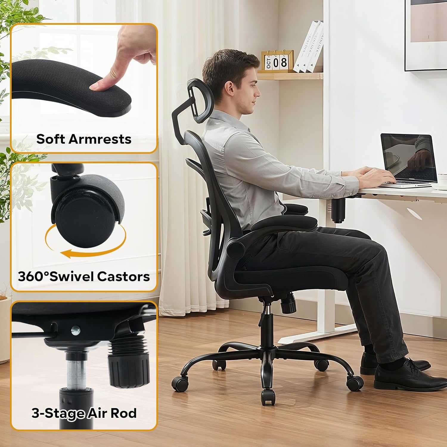 Garvee Ergonomic Office Chair, 300 LBS Capacity, High Back Mesh Desk Chair with Wheels, Flip-Up Armrests, Comfortable Lumbar Support Gaming Chairs for Home Office, Bedroom, Study, Black