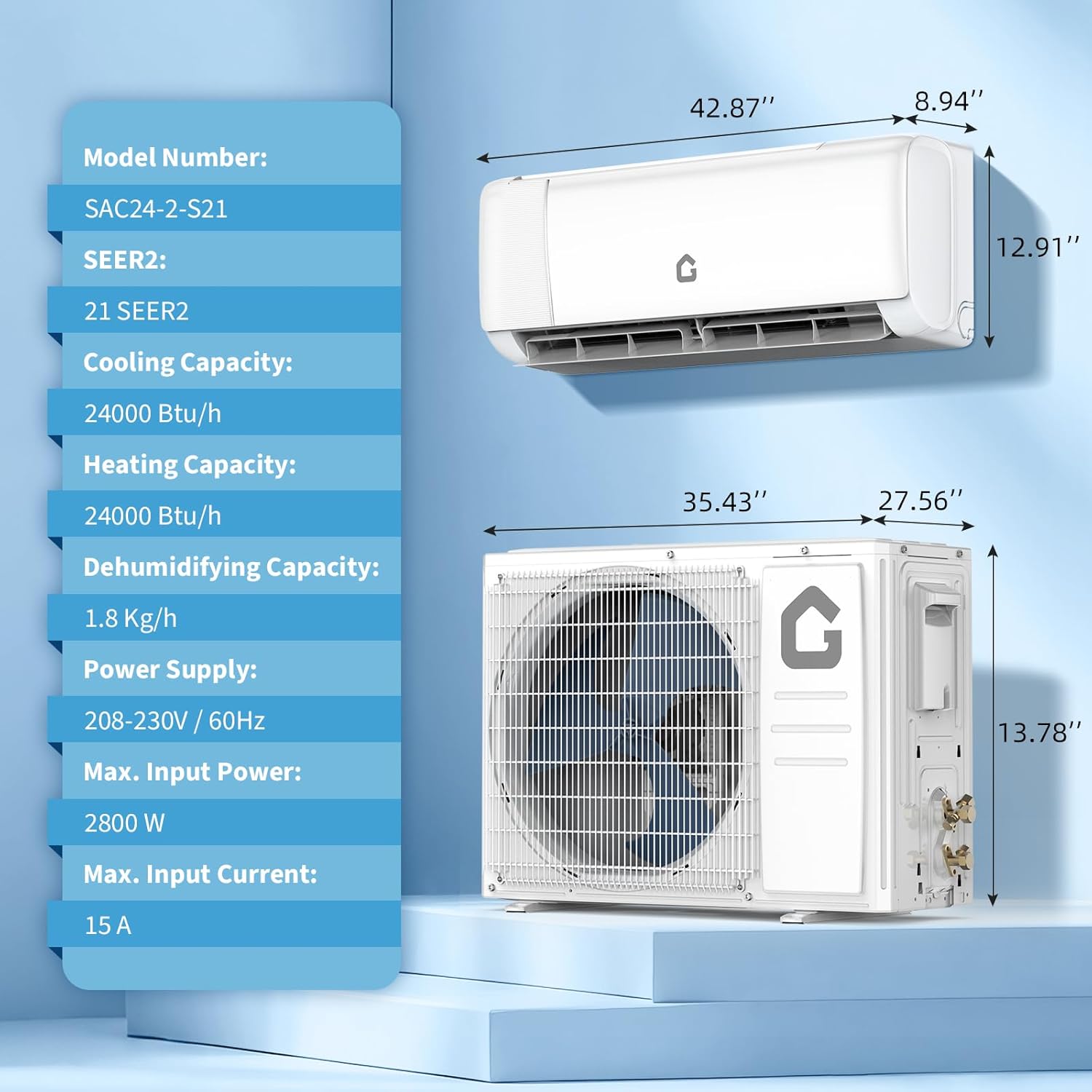 Garvee SEER 21 24000 BTU 230V Mini Split Air Conditioner | Energy-Efficient Inverter AC System with WiFi, Remote Control & Easy Installation Kit for Rooms Up to 1500 Sq.Ft