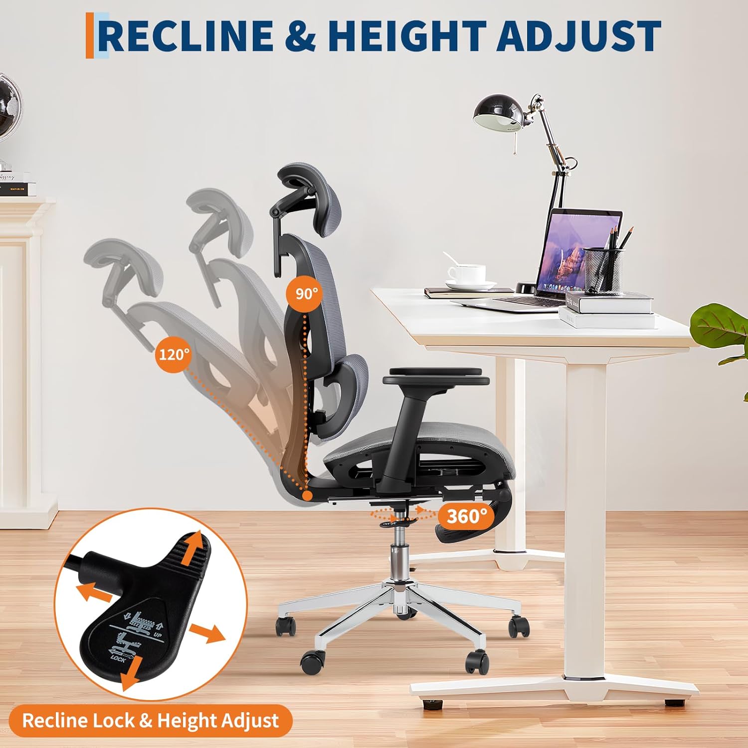 Garvee Ergonomic Office Chair - Mesh Back, 4D Adjustable Armrests, Dynamic Lumbar Support, Retractable Footrest, Adjustable Headrest, 145° Recline, High Back Swivel, Heavy Duty Metal Base - Gray