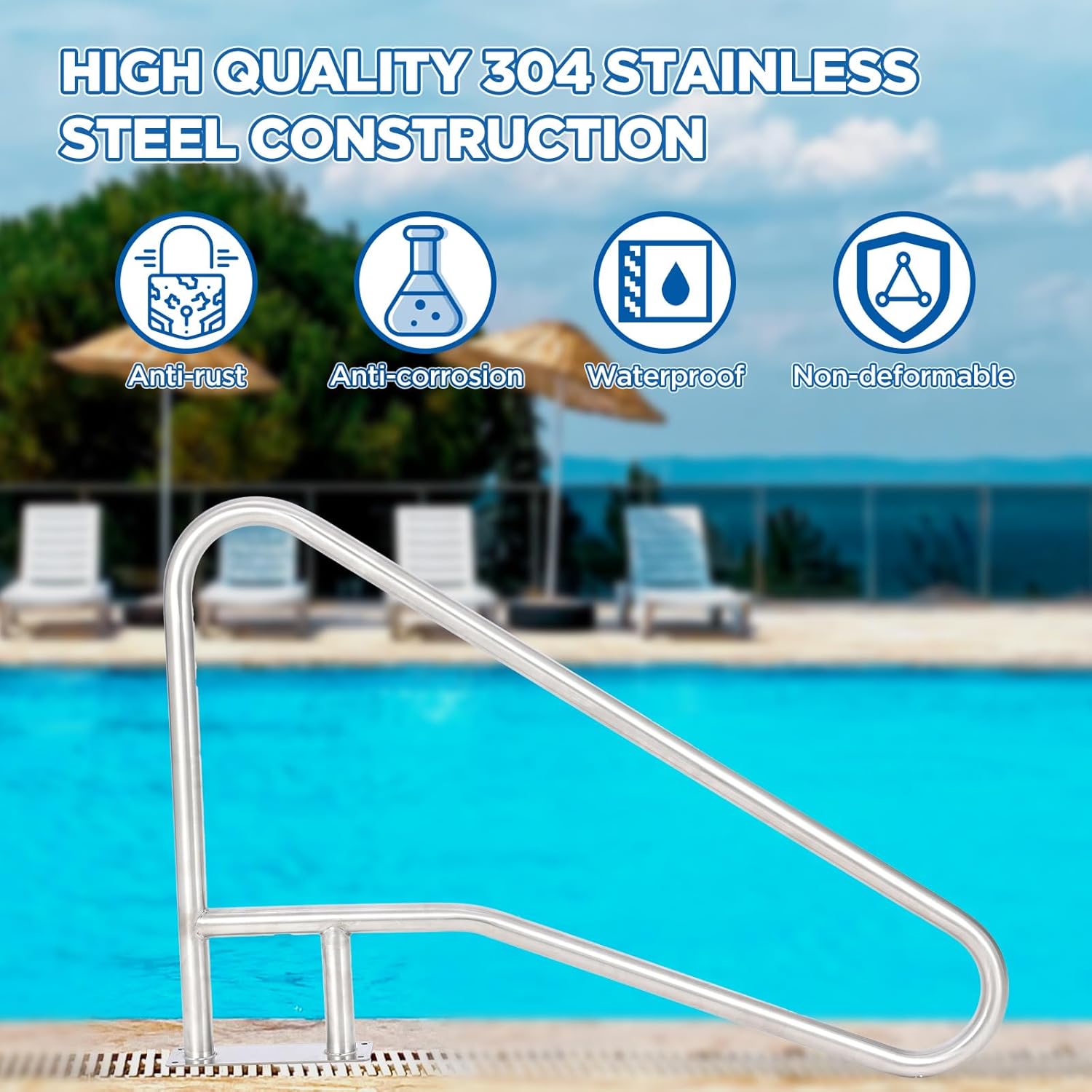 Garvee Pool Handrail 54x36 Pool Rail 304 Stainless Steel Silver Rustproof Pool Stair Rail with Blue Grip Cover Humanized Swimming Pool Railing, Quick Mount Accessories for Pools and Spas