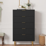 Garvee 5 Drawers Dresser for Bedroom, Fluted Dresser Chest of Drawers with Handle, Wood Modern Dressers for Closet, Bedroom Furniture Storage Organizer for Living Room, Hallway, Black - Black