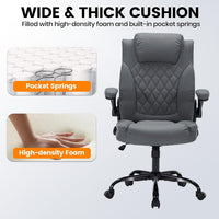 Garvee PU Leather Executive Office Desk Chair, 350lbs Capacity Computer Desk Chair with Padded Flip-Up Arms, Tilt Lock & 360° Swivel Free Wheels, Ergonomic Office Chair for Heavy People, Gray