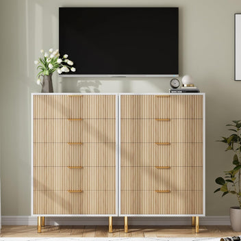 Garvee 5 Drawers Dresser for Bedroom, Fluted Dresser Chest of Drawers with Handle, Wood Modern Dressers for Closet, Bedroom Furniture Storage Organizer for Living Room, Hallway