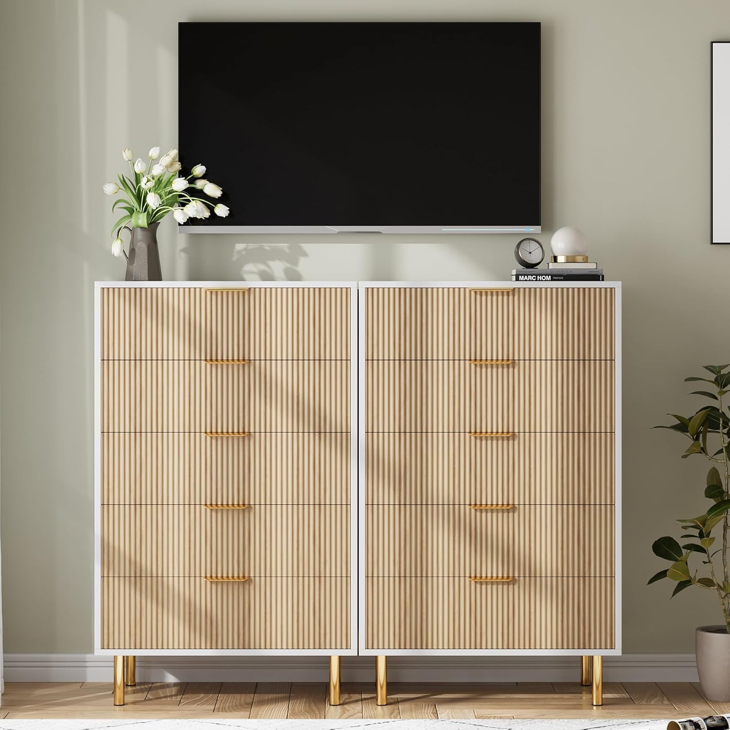 Garvee 5 Drawers Dresser for Bedroom, Fluted Dresser Chest of Drawers with Handle, Wood Modern Dressers for Closet, Bedroom Furniture Storage Organizer for Living Room, Hallway