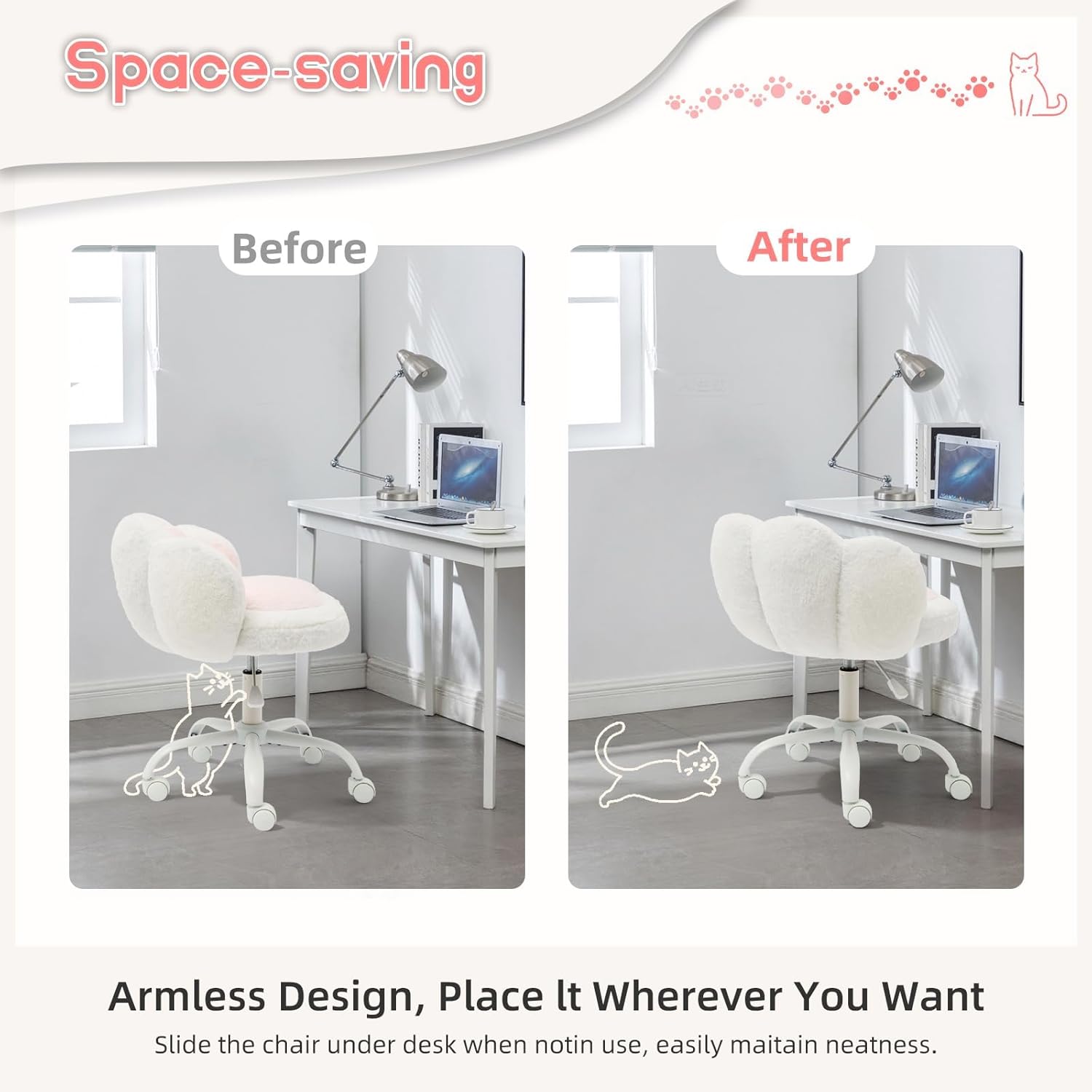 Garvee Cute Cat Paw Vanity Chair – Armless, Soft Cushion, Adjustable Height, Swivel Wheels, Soft Stuffed Fabric, Lumbar Support, Makeup or Office Stool, Color: White + Powder