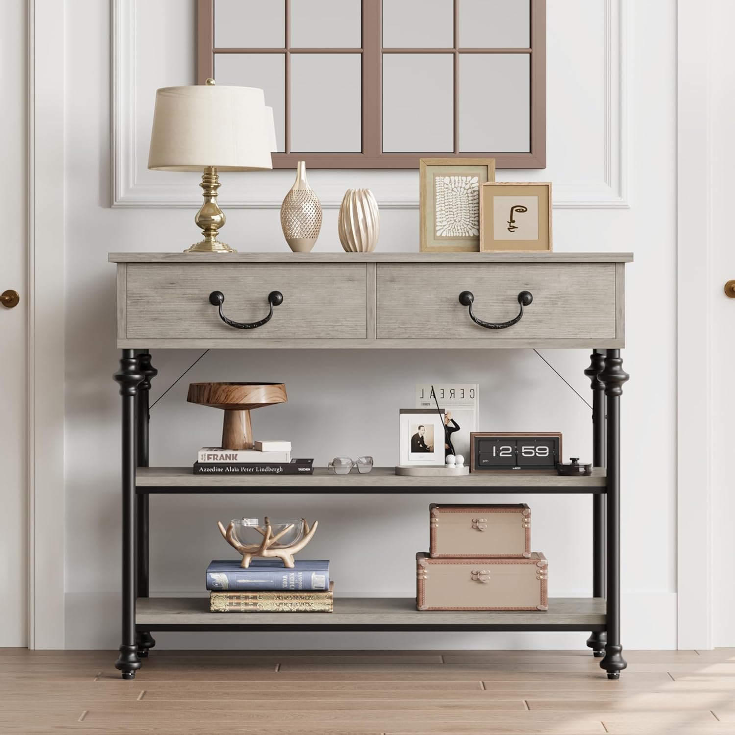 Garvee Console Table with Drawers, Narrow Entryway Table, MDF Wood & Metal, 3-Tier Storage, Adjustable Footpads, Rustic Gray, Living Room, Foyer