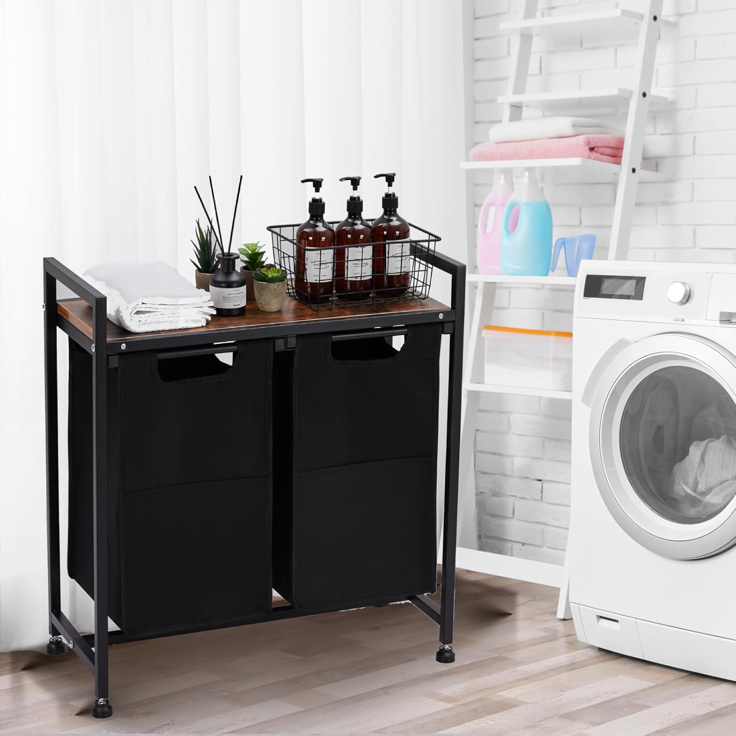 Garvee Movable Fabric Laundry Hamper with 2 X 46L Removable Laundry Bags, Black