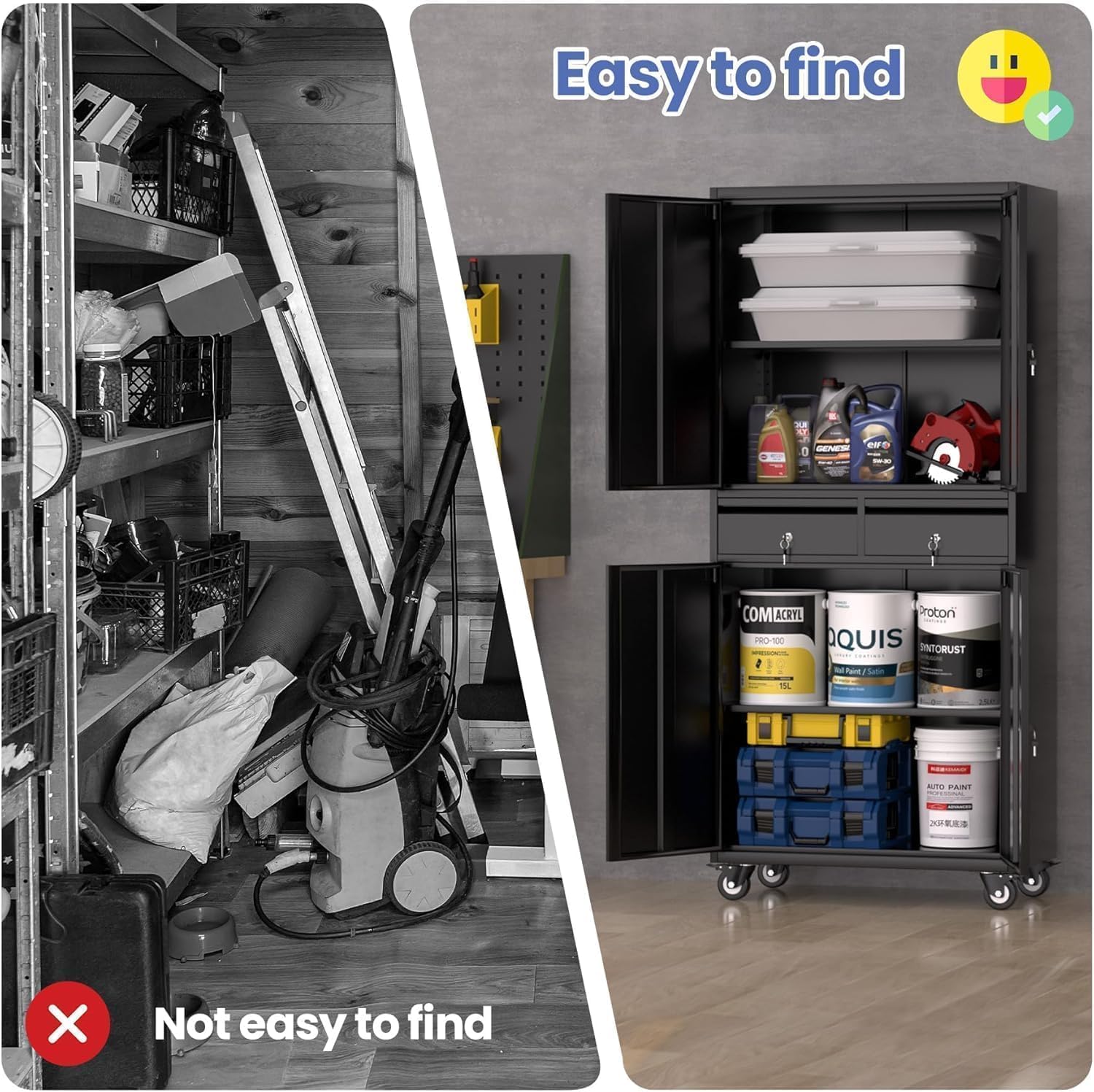 Garvee Heavy Duty 73" Metal File Cabinet with Lockable Wheels, Locking Doors, 2 Drawers, and Adjustable Shelves, Durable Mobile Storage Locker for Office Garage & Workshop, Black