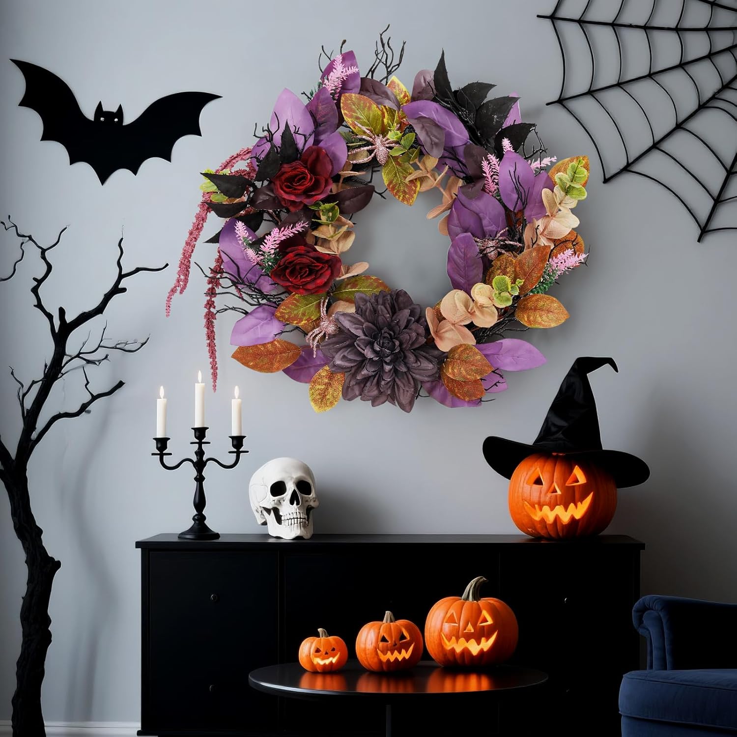 Garvee 18 Inch Halloween Wreath, Halloween Garland with Artificial Roses & Spiders, Indoor Outdoor Holiday Accent Decoration for Front Door Porch Wall Home Party Window, Red & Purple