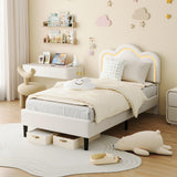 Garvee Twin Upholstered Smart LED Bed Frame with Adjustable Hill Headboard, Velvet Princess Platform Bed Frame for Kids/Girls, Wooden Slats Support, No Box Spring Needed (White) - Off White