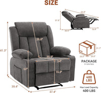 Garvee Recliner Chair 24" Seat Width, Manual Reclining Sofa with Massage and Heat, Comfy Overstuffed Rocking Chair with Side Pockets, Front Pockets and Cup Holder for Living Room, Gray