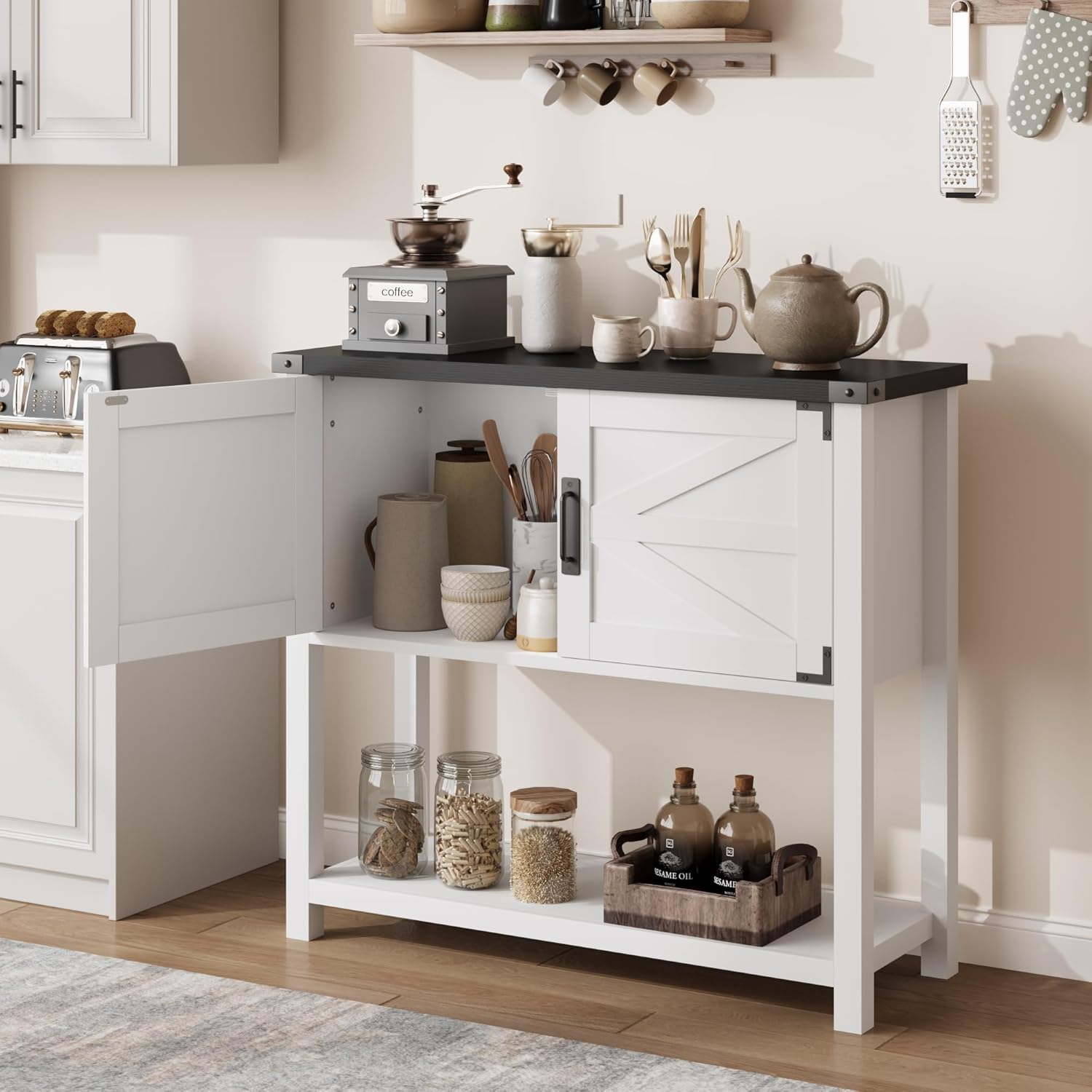 Garvee Farmhouse Entryway Table, Console Table with 2 Storage Cabinets, Coffee Bar Cabinet, Sofa Tables Buffet Sideboard for Kitchen, Hallway, Dining, Living Room-White