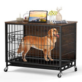 Garvee Dog Crate Furniture, Heavy-Duty Double-Doors Dog Cage End Table with Removable Tray and Wheels, 38.6" Wooden Dog Kennel, Indoor Dog House for Large Dogs, Brown - Brown
