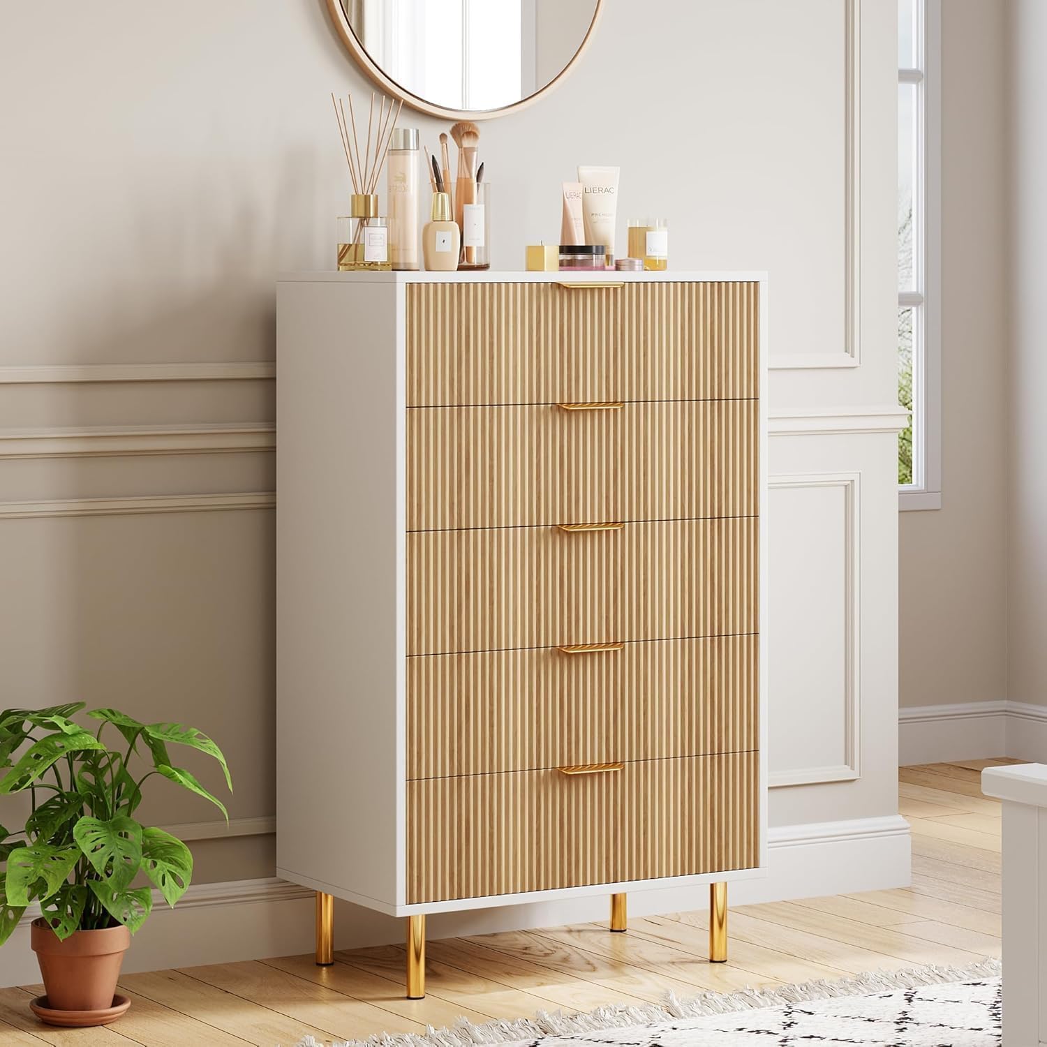 Garvee 5 Drawers Dresser for Bedroom, Fluted Dresser Chest of Drawers with Handle, Wood Modern Dressers for Closet, Bedroom Furniture Storage Organizer for Living Room, Hallway