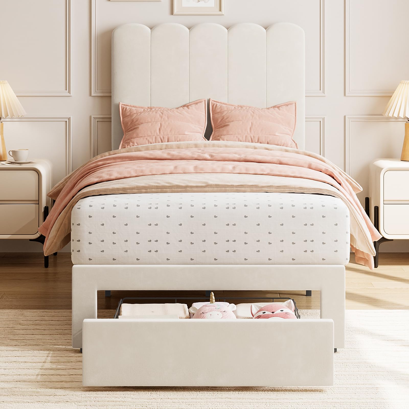 Kids twin bed frame with plush velvet upholstery and spacious under-bed drawer