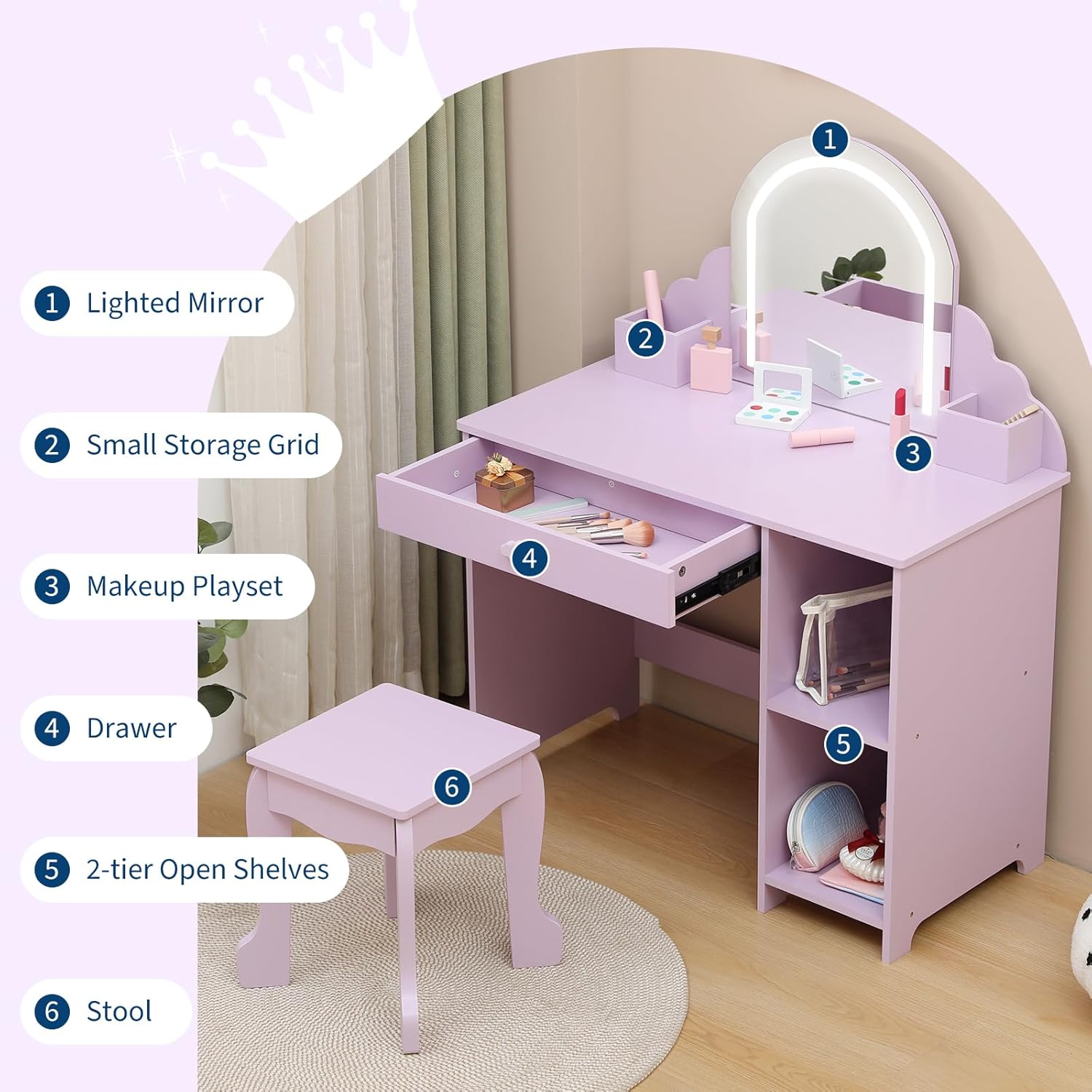 Garvee Kids Vanity with Lighted Mirror & Stool, 2 In 1 Little Girls Vanity and Wooden Makeup Playset with Adjustable LED Light, Storage Drawer & Shelves for Girls 3-9, Purple