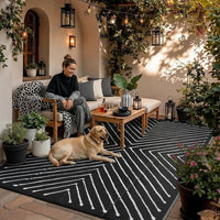 Garvee 8' x 10' Waterproof Reversible Outdoor Rug – Black & White Striped Plastic Straw Patio Mat – Durable, Collapsible, Easy Clean – For RV, Deck, Backyard, Camping, Picnic