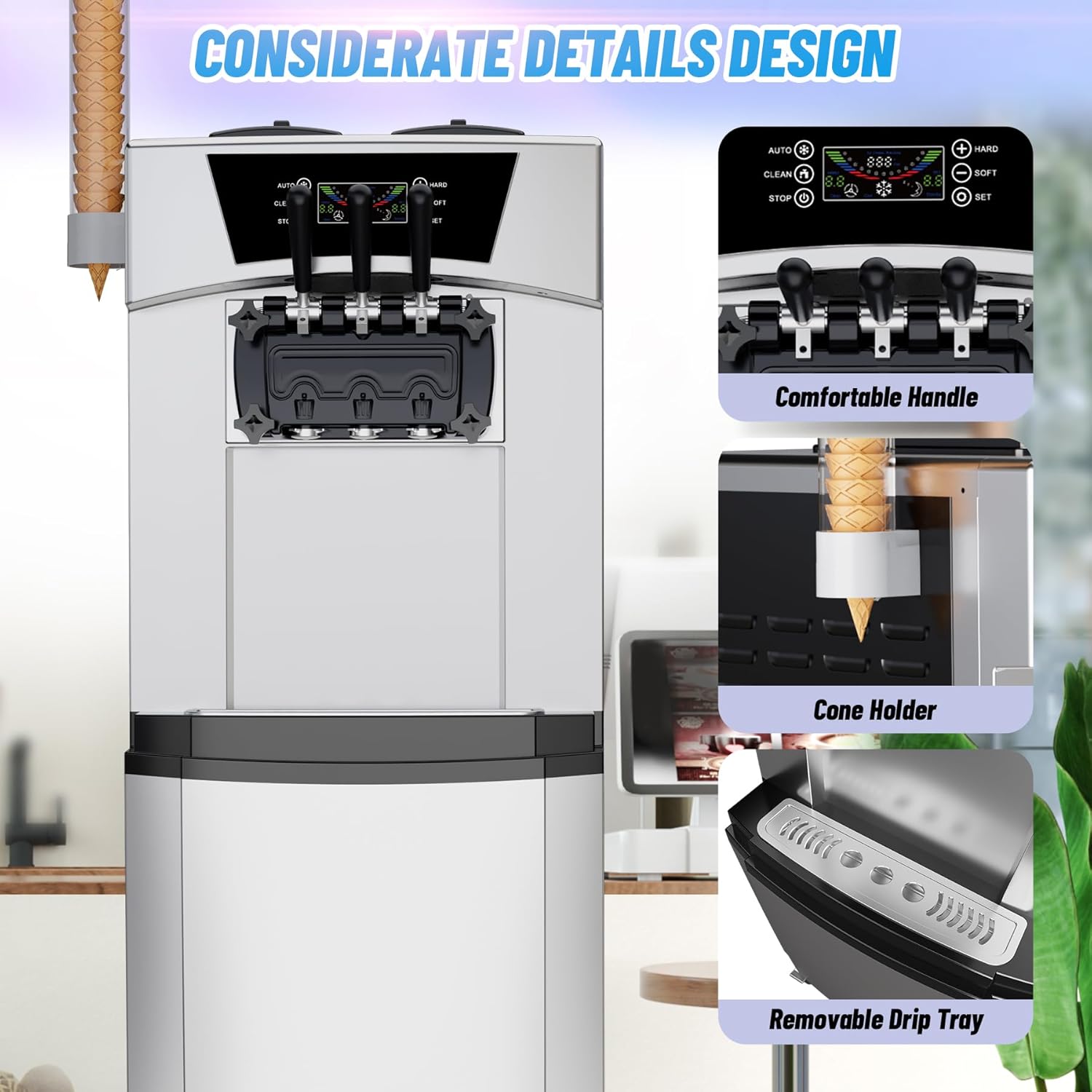 Garvee 2200W Commercial Soft Serve Ice Cream Machine - 8Gal/H High Output, 3-Flavor Mix & Auto-Clean for Cafes, Food Trucks, Snack Bars (LCD Display, 65dB Quiet)
