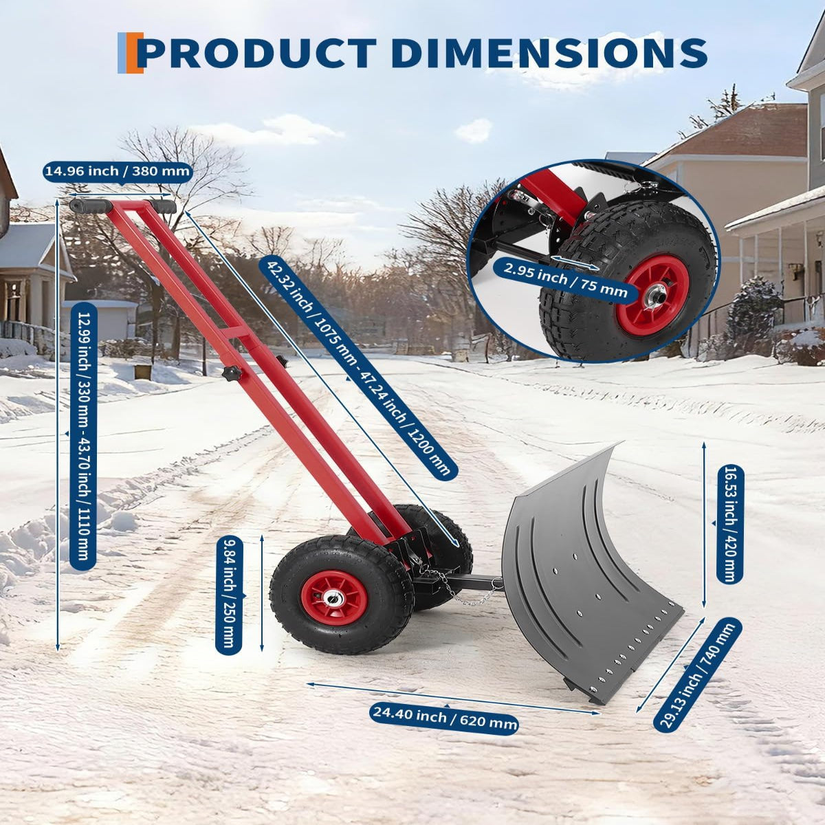 Garvee Snow Shovel 29x14 in Heavy Duty Metal 5-Position Angled Blade Adjustable Handle Wheels for Driveway Sidewalk Winter Use