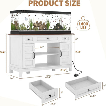 Garvee Farmhouse Aquarium Stand for 55-75 Gallon Tanks – Heavy Duty 1400LBS Cabinet with Double Doors, Drawers, Adjustable Storage, Built-in Power Outlet, Brownish White