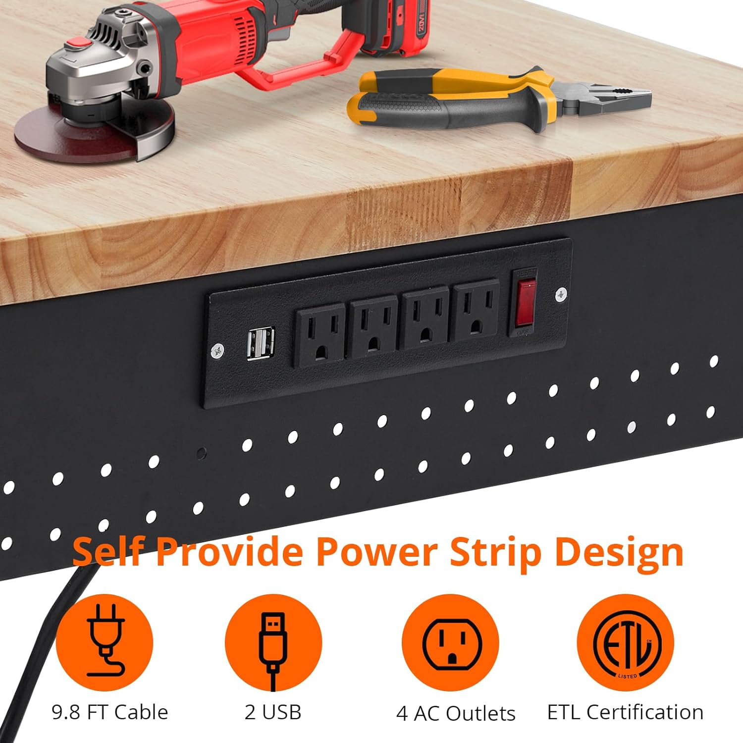 GARVEE Adjustable Workbench, 2000 lbs Load Capacity, 48 x 24 Inch Rubber Wood Top Work Bench with 4 Rolling Casters & Power Outlets, Heavy-Duty Work Table for Garage, Workshop, Office