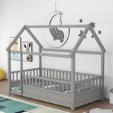 Garvee Grey Modern Twin-Full Size Wood Floor Bed with Roof Frame, High Fence, Guardrail, Adjustable, Easy Assembly - Gray