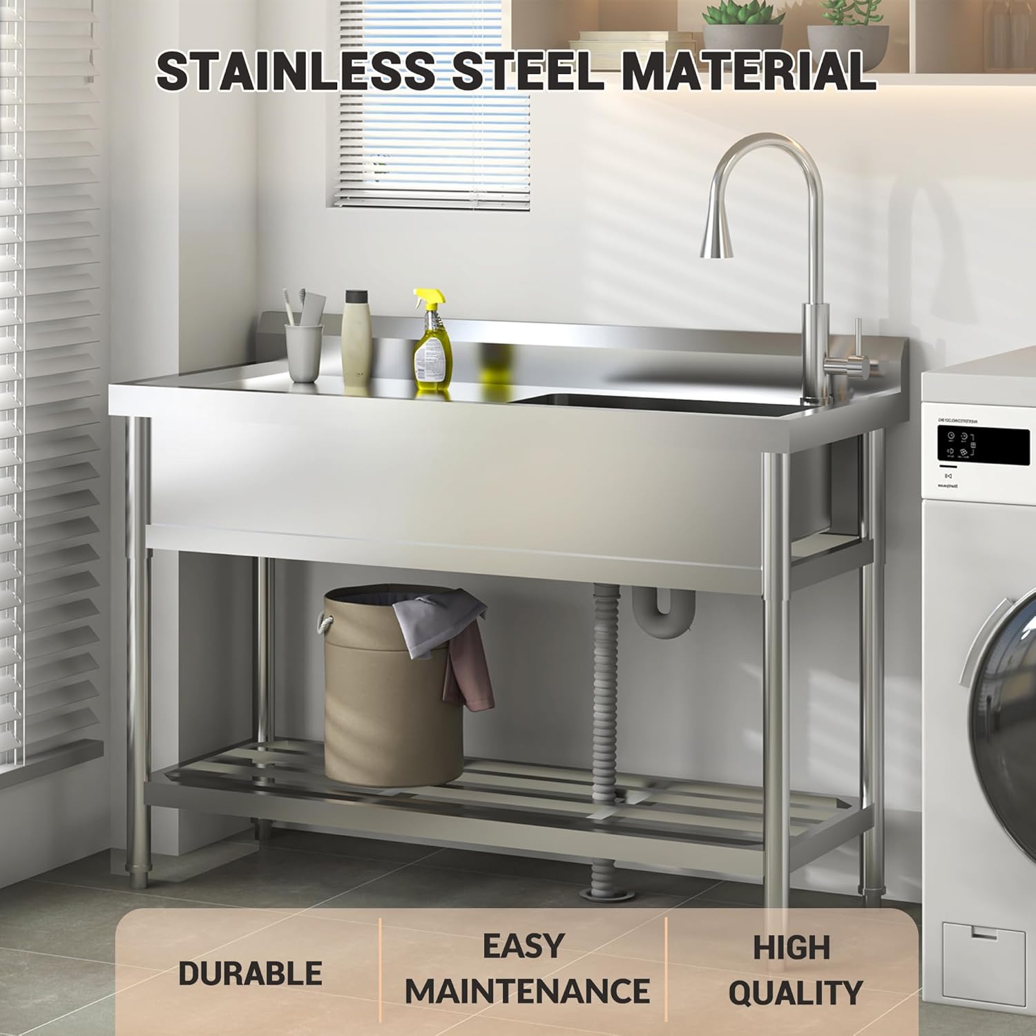 Garvee 47"W x 20"D x 37"H Stainless Steel Utility Sink - Free Standing Single Bowl with Cold & Hot Water Faucet for Kitchen, Laundry Room, Restaurant, Garage, Garden