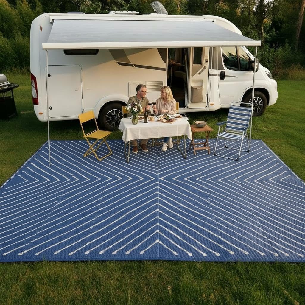 Garvee 8' x 10' Waterproof Reversible Outdoor Rug, Geometric Plastic Straw Patio Mat for RV, Deck, Backyard, Camping & Picnic, Navy Blue