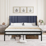 Garvee King Bed Frame, Platform Bed Frame with Velvet Headboard, Heavy Duty Metal Bed Frame with Steel Slats Support, Box Spring Optional, Grey - Dark Gray