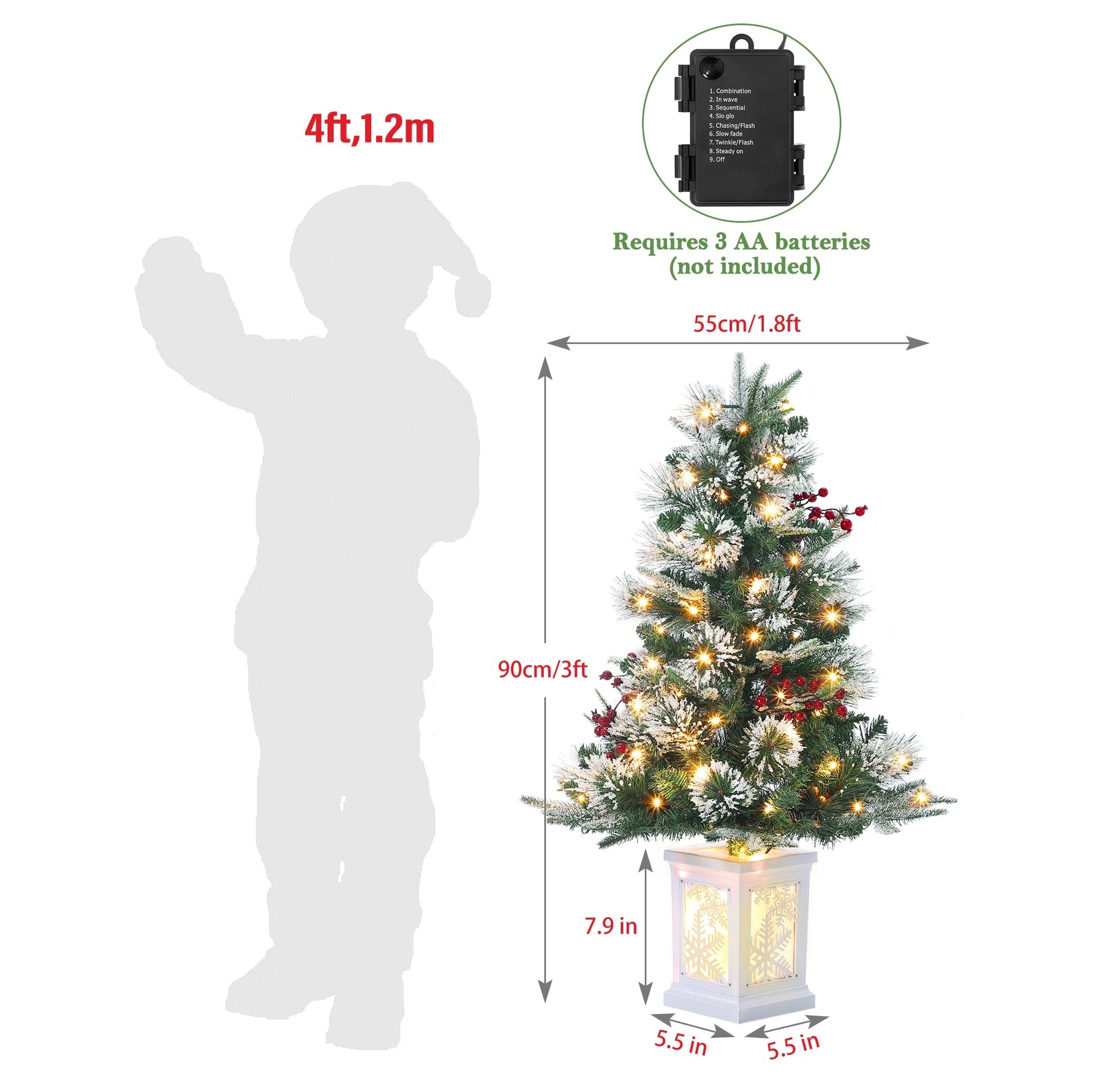 Garvee 3FT Prelit Artificial Christmas Tree with Snowflake Light Box Base, 78 Warm Lights & Red Berry for Front Door, Porch, Entryway, Fireside Christmas Decoration, Set of 1