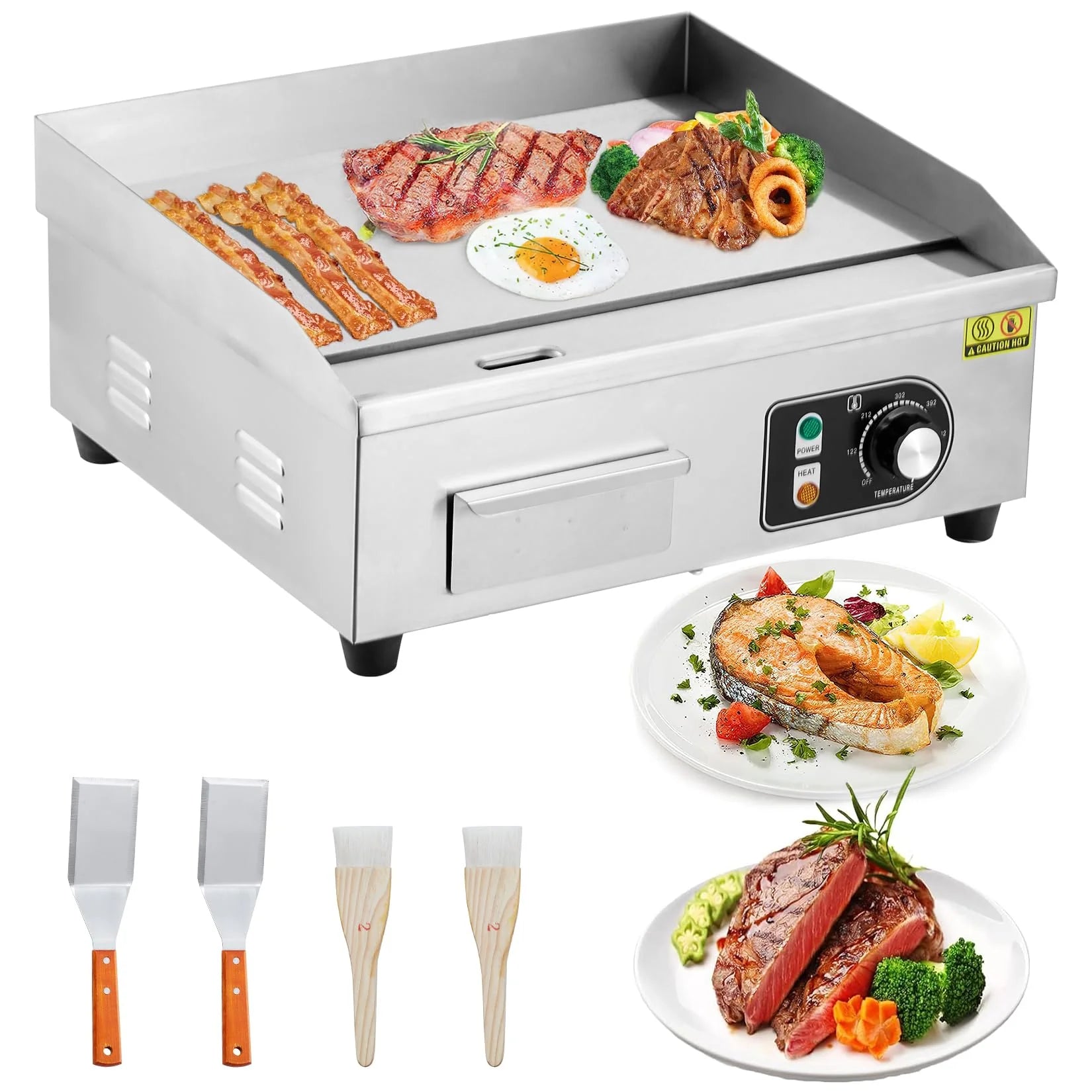 Garvee 14-Inch Commercial Electric Grill 1500 Watts Non-Stick Stainless Steel Adjustable Temp 122°F-572°F for Home & Restaurant(WITH PLUG)
