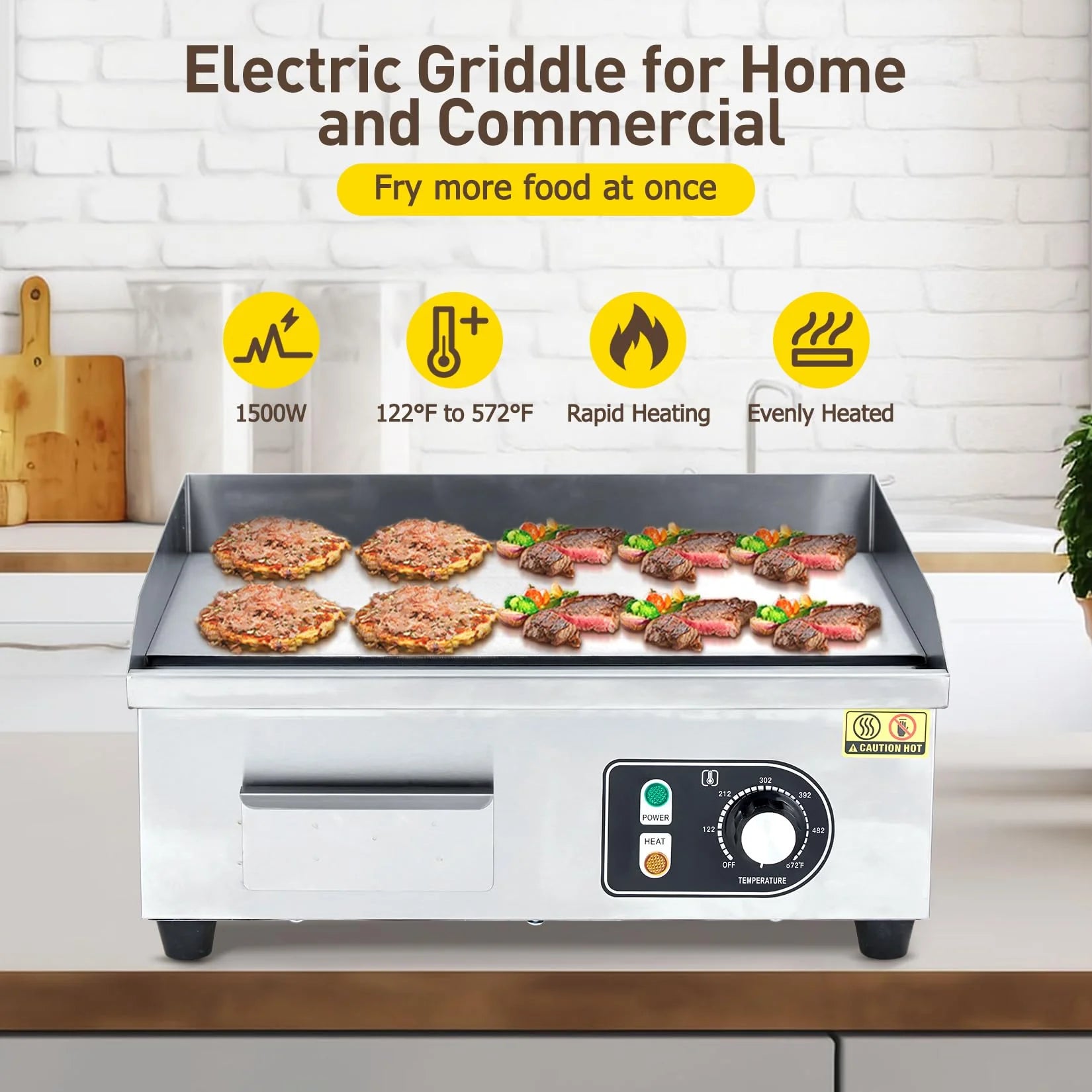 Garvee 14-Inch Commercial Electric Grill 1500 Watts Non-Stick Stainless Steel Adjustable Temp 122°F-572°F for Home & Restaurant(WITH PLUG)