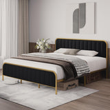 Garvee Full Size Velvet Platform Bed Frame + Modern Design + Heavy Duty Mattress Foundation + Wood Slats + Noise Free + Tufted Headboard + Bedroom in Black - Gold + Black cloth