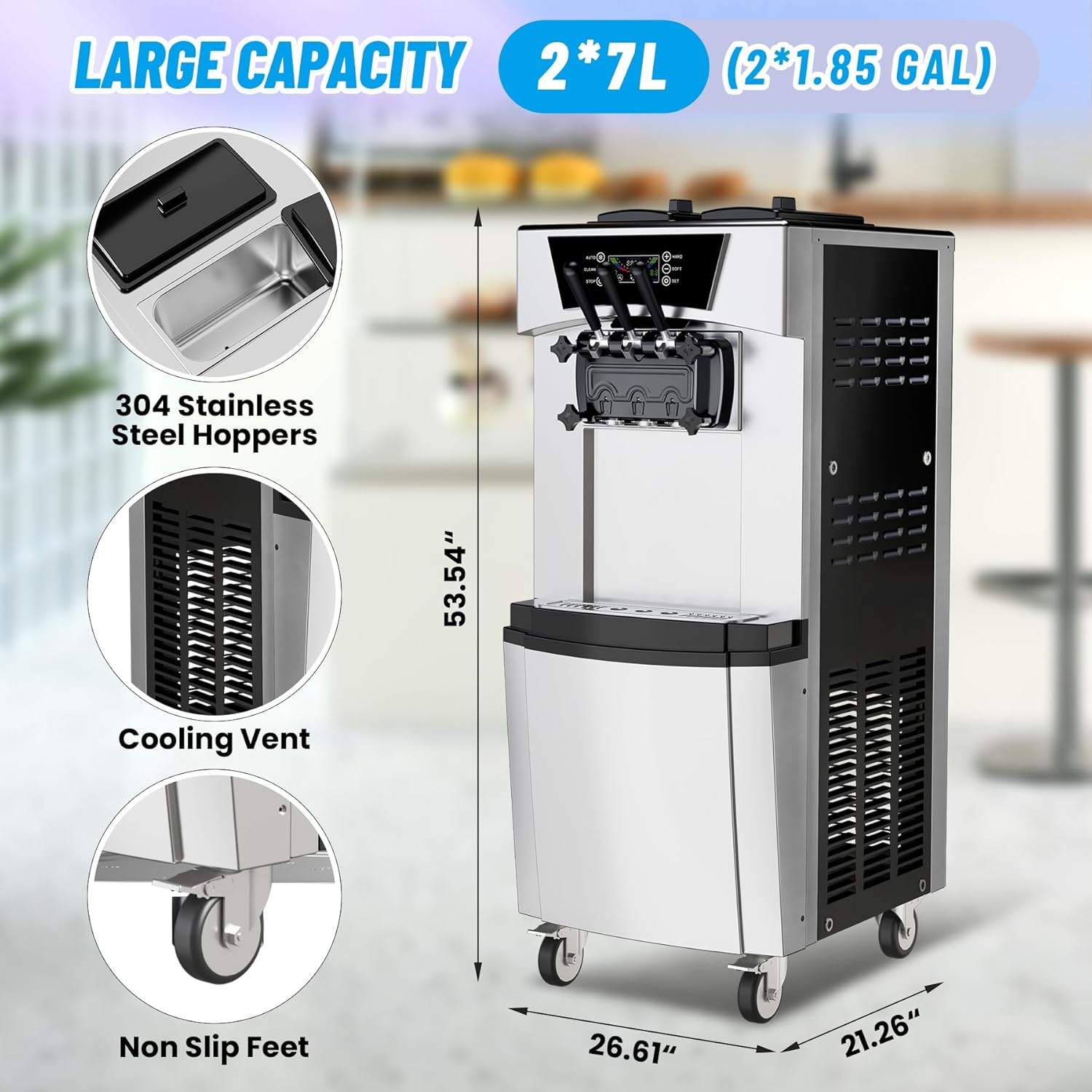 Garvee 2200W Commercial Soft Serve Ice Cream Machine - 8Gal/H High Output, 3-Flavor Mix & Auto-Clean for Cafes, Food Trucks, Snack Bars (LCD Display, 65dB Quiet)