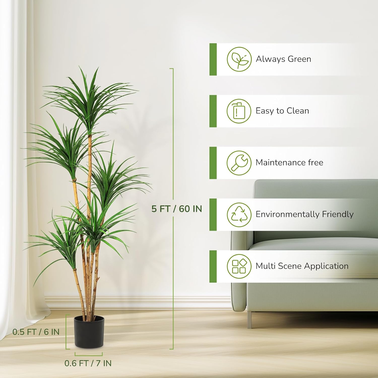 Garvee 5ft Artificial Dracaena Tree, Realistic Fake Tall Dracaena Plant for Indoor Décor, Adjustable Lifelike Faux Tree for Photo Backdrops, Nursery, Living Room, Office