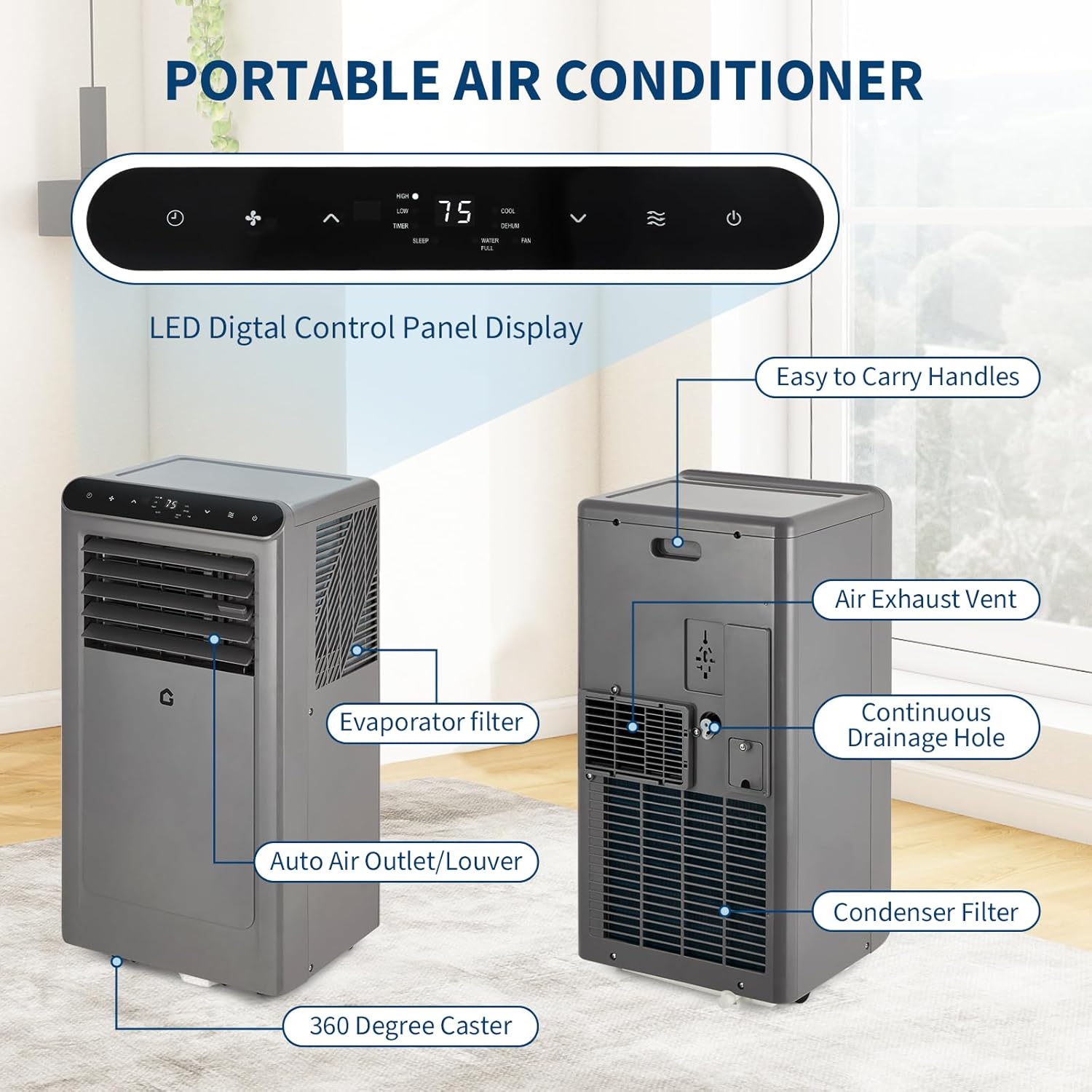 Garvee 10,000 BTU Portable Air Conditioner with Dehumidifier, Cooling, Fan 3-In-1, Drainage-Free Cooling, Cools Up to 450 Sq. Ft. with Remote Control, Gray