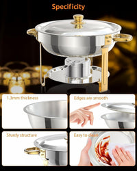 Garvee Durable Gold Stainless Steel Chafing Dish Set – 4 Pack 5QT Round Commercial Buffet Food Warmer with Lid Holder, Spoon & Tweezers – High-quality Catering Equipment for Events, Parties, Weddings – Easy to Clean – Specs: 2x2