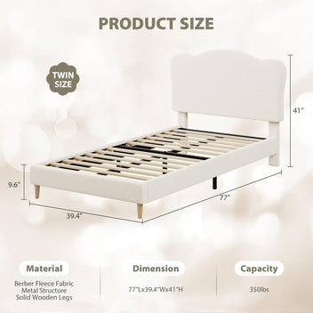 Garvee Upholstered Twin Size Bed Frame for Kids with Crown Headboard, Cute Velvet Twin Bed for Girls, Boys, Sturdy Platform Bed, No Box Spring Needed, Wooden Slats, Noise Free, White