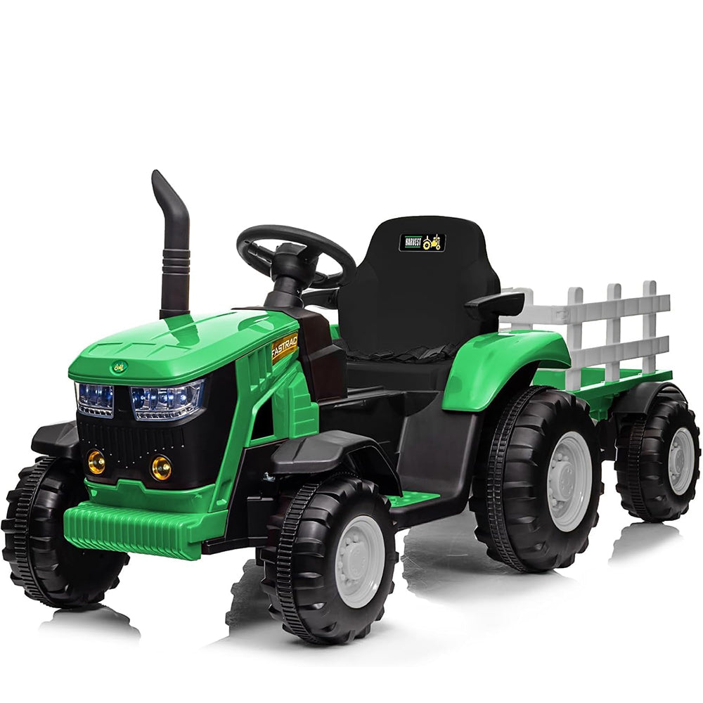 Garvee Ride - P Series: 12V Ride On Car with Trailer, Battery Powered Electric Vehicle Toy 35W Dual Motor, Led Lights, Horn, Music USB, Safety Belt, Green