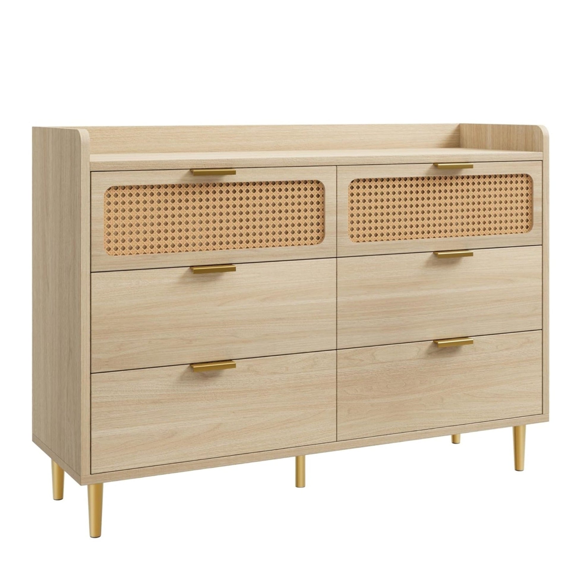 Garvee 6 Drawer Rattan Dresser, Narrow Wicker Chest of Drawer with Railed Edge, Metal Legs, Gold Handles, Farmhouse Wooden Storage Dresser for Bedroom, Nursery, Light Oak