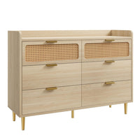 Garvee 6 Drawer Rattan Dresser, Narrow Wicker Chest of Drawer with Railed Edge, Metal Legs, Gold Handles, Farmhouse Wooden Storage Dresser for Bedroom, Nursery, Light Oak