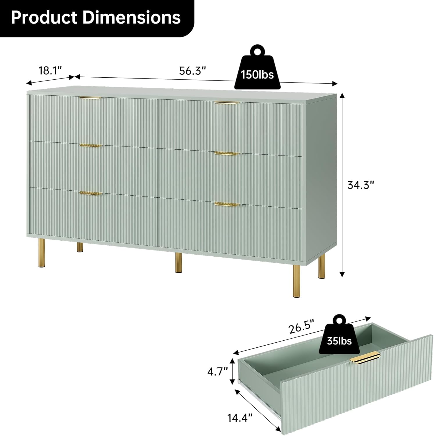 Garvee Green Dresser, Modern 6 Drawer Dresser for Bedroom with Gold Handle and Large Drawer, Wood Double Chest of Drawers and Storage Organizer for Living Room, Hallway, Entryway