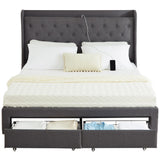 Garvee Full Size Bed Frame with 2 Storage Drawers & USB Charging Station, Upholstered Platform Bed Frame with Type-C,Wingback Storage Headboard /Sturdy Wooden Slats Support/No Box Spring Needed/Dark Grey - Gray