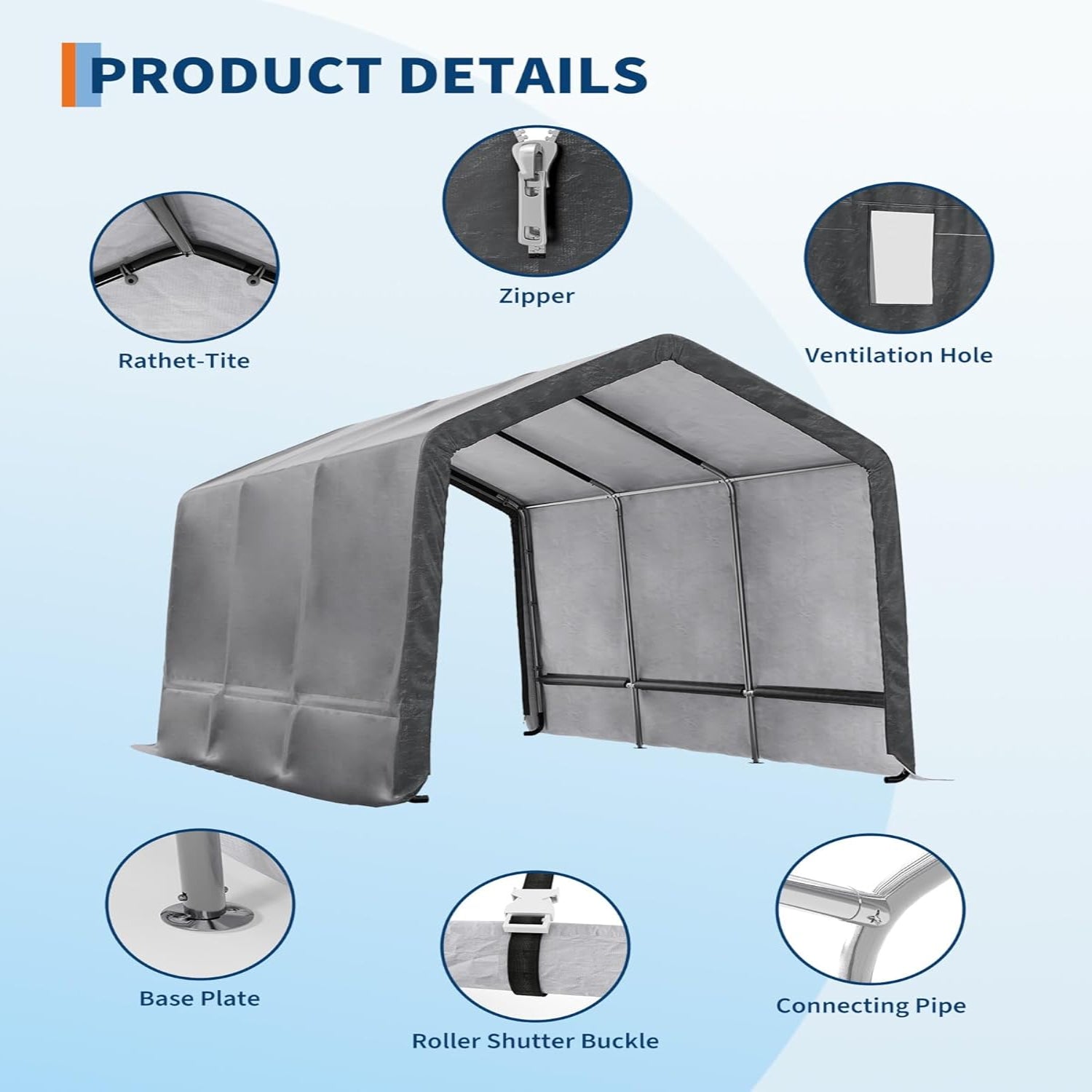 Garvee Outdoor Portable Storage Shed Gray 10'x15' Waterproof PE Tarp Rust-Resistant Steel Frame Roll-Up Doors Ventilated Bike Tool Storage